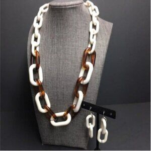 Chain Link Necklace Earrings 22 In White Brown Acrylic Statement Dangle Pierced